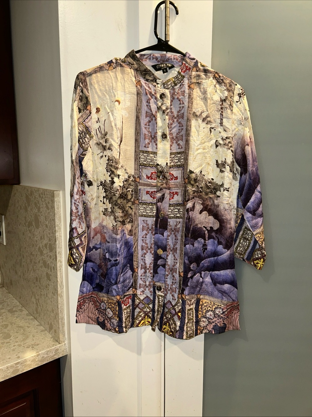 CITRON SANTA MONICA Pure 100% Silk, Asian Floral Tunic, 3/4 Sleeve, Blouse~ Sz S
